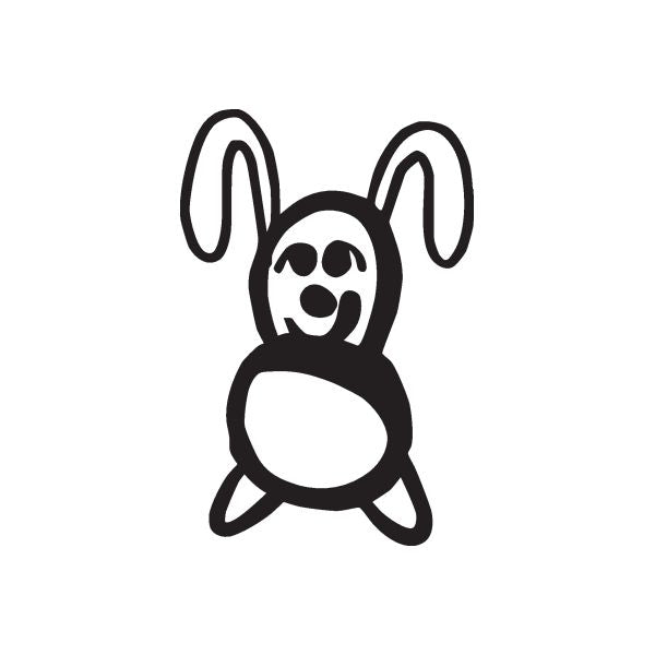 Rabbit stick-figure wall decal with long ears and curled legs, black outline.