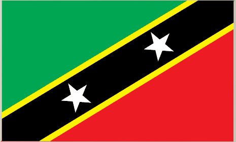 Rectangular Saint Kitts and Nevis flag sticker with green, red, yellow diagonal and 2 white stars