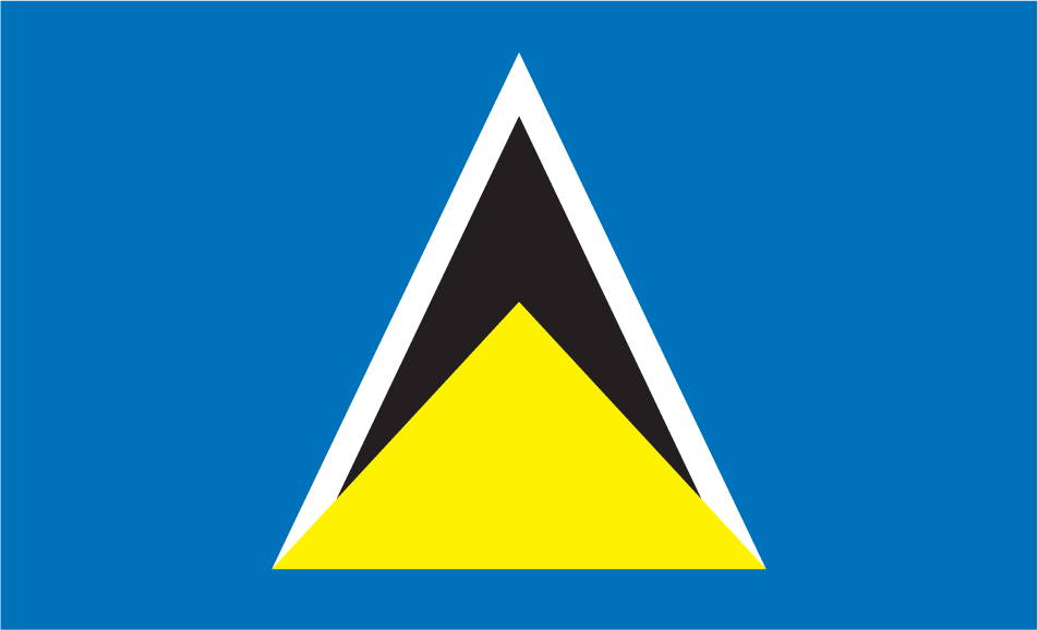 St Lucia flag sticker with triangular crest in blue, black, white, and yellow