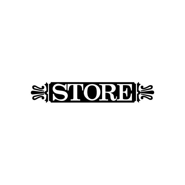 Vinyl text decal sticker with bold STORE lettering and decorative side ornaments