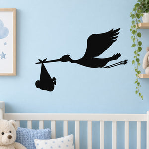 Black stork carrying baby bundle wall decal silhouette
