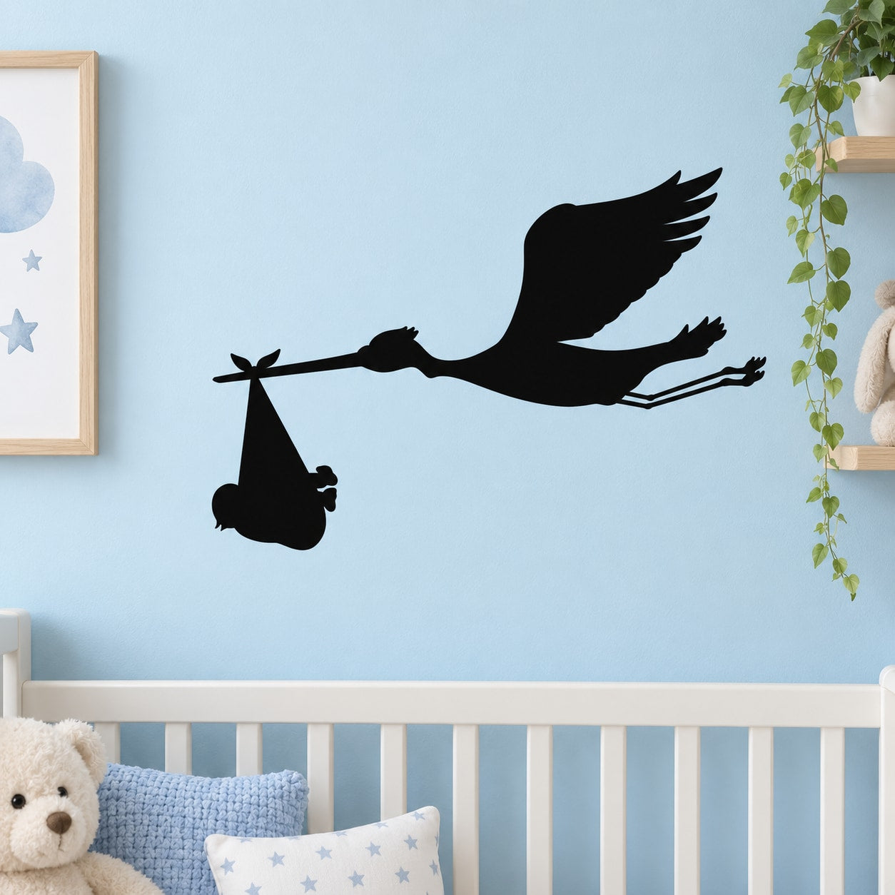 Black stork carrying baby bundle wall decal silhouette