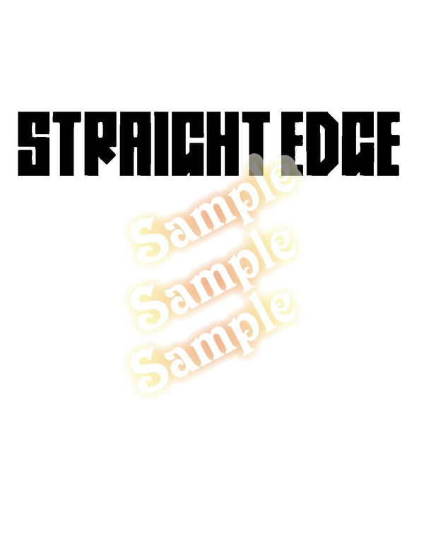 Straight edge text decal, bold block lettering in black with white outline