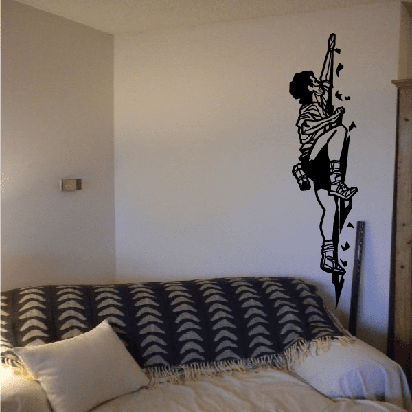 Rock climbing decal: black silhouette climber holding rope and harness