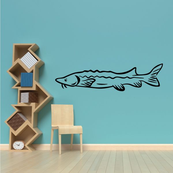 Sturgeon fish wall decal, black line art with wavy body and tail