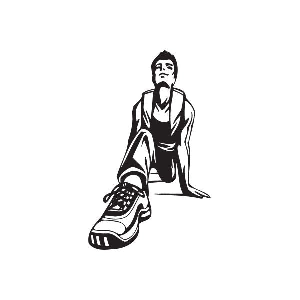Parkour stretching decal of a seated man stretching with sneakers, black outline