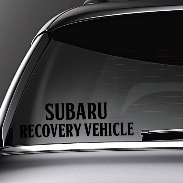 Subaru recovery vehicle window decal with bold SUBARU and RECOVERY VEHICLE text