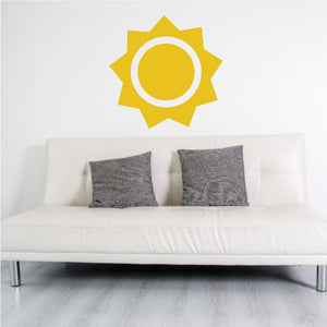 Sun wall decal vinyl, yellow gear-shaped sun with white center circle