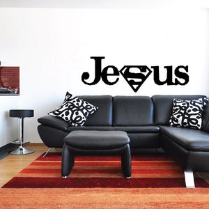 Jesus wall decal with superhero emblem, black and white lettering and mask