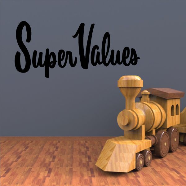Wall decal with 'Super Values' script and wooden train illustration.