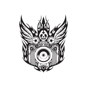 Flames mask decal with skull, winged flames, and target-style emblem