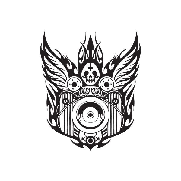 Flames mask decal with skull, winged flames, and target-style emblem