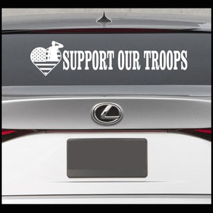 White car decal with heart and soldier icon, text SUPPORT OUR TROOPS