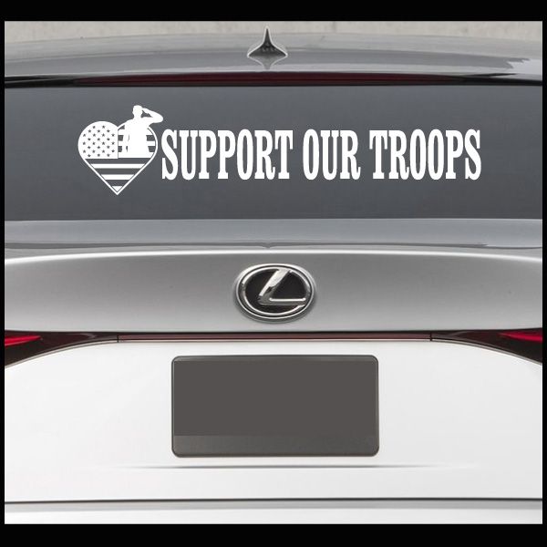 White car decal with heart and soldier icon, text SUPPORT OUR TROOPS