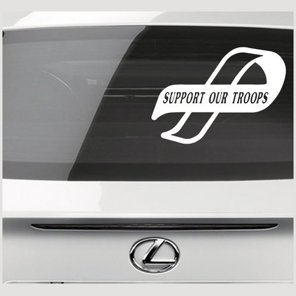 White ribbon decal with SUPPORT OUR TROOPS text for vehicle window
