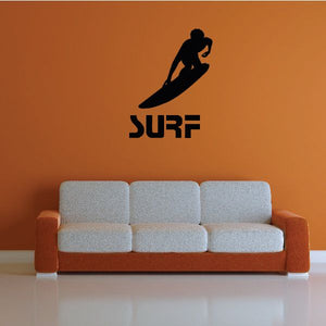 Surf decal sticker with black surfer silhouette and SURF text