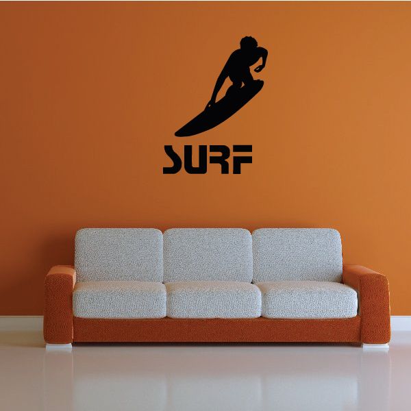 Surf decal sticker with black surfer silhouette and SURF text
