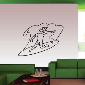 Surfer riding a wave vinyl wall decal with line-art surfer and wave shape
