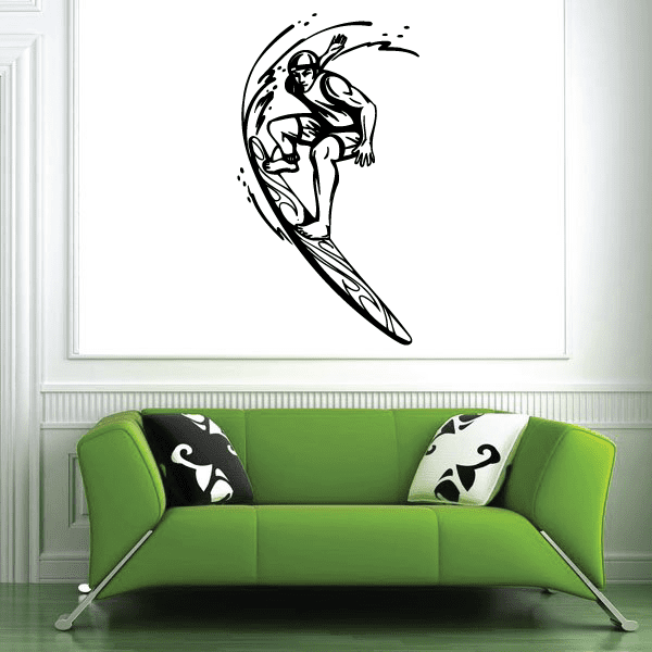 Surfer riding barrel decal sticker, black and white outline graphic