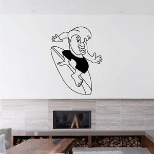 Surfer riding nose decal featuring a smiling surfer in black shorts on a surfboard