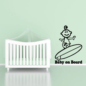 Surfing baby on board decal with cartoon child on a surfboard and warning text