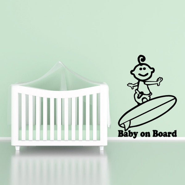 Surfing baby on board decal with cartoon child on a surfboard and warning text
