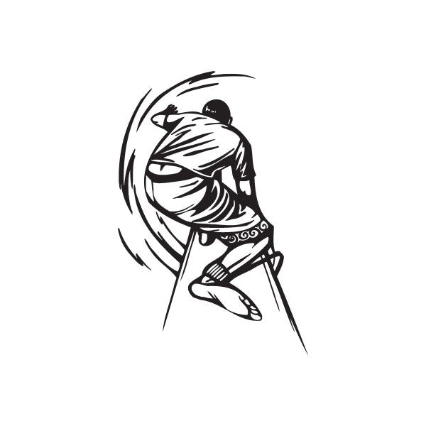 Surfer barrel decal with black line-art surfer illustration