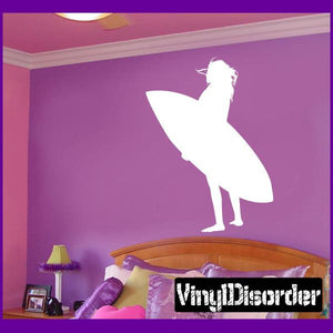 Surfing wall decal with white surfer silhouette, vinyl sticker