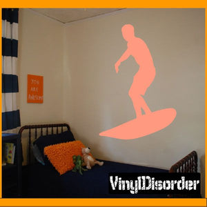 Surfing wall decal, coral surfer silhouette on smooth vinyl