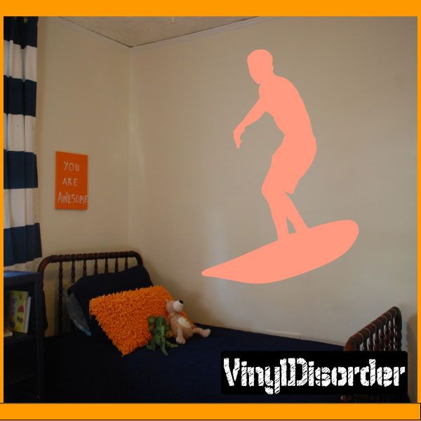 Surfing wall decal, coral surfer silhouette on smooth vinyl