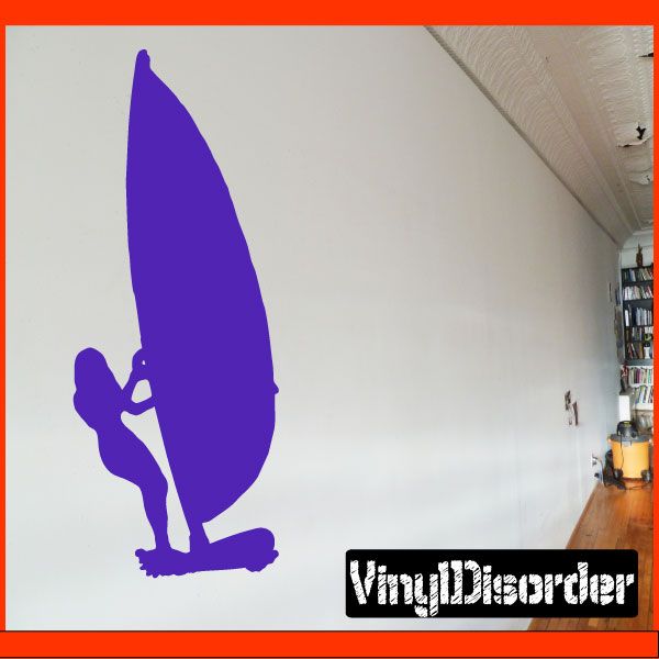 Purple surfing wall decal with surfer and surfboard silhouette