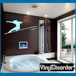 Light blue surfing silhouette vinyl wall decal with curved wave line