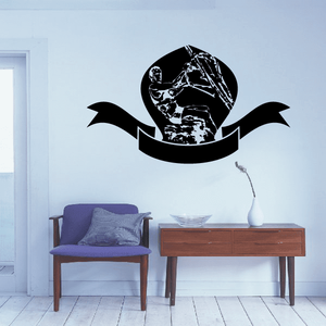 Black surfing vinyl wall decal with circular surfer and ribbon banner