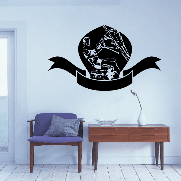 Black surfing vinyl wall decal with circular surfer and ribbon banner