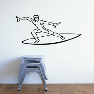Surfing wall decal vinyl sticker: surfer on a surfboard, black line art