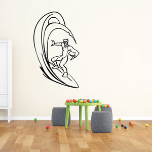 Surfing wall decal vinyl sticker with black surfer inside wave outline
