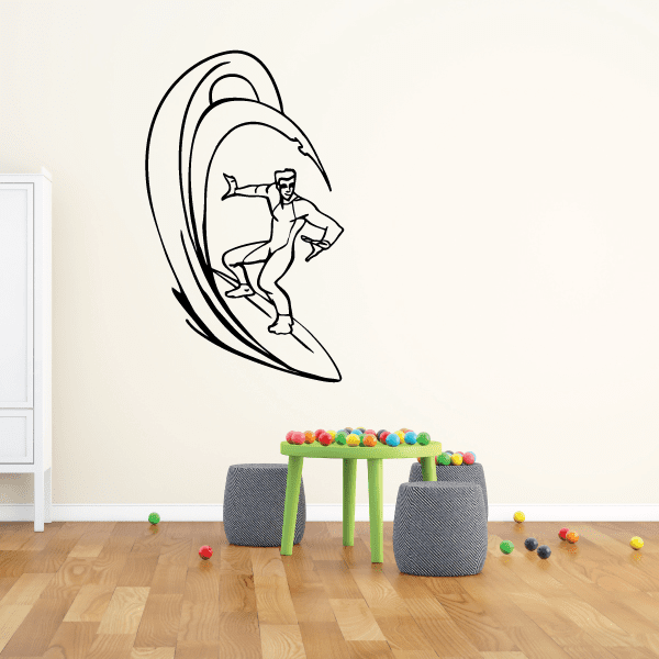 Surfing wall decal vinyl sticker with black surfer inside wave outline
