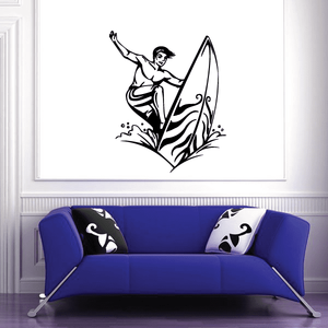 Surfing wall decal with black line-art surfer riding a surfboard