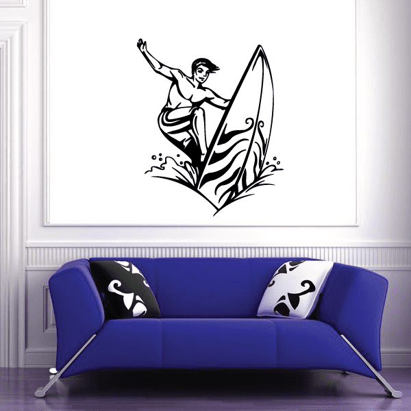 Surfing wall decal with black line-art surfer riding a surfboard