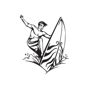 Surfing wall decal, surfer on surfboard in black line art