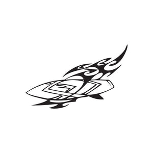 Black tribal surfboard wall decal with flame-like surf graphic