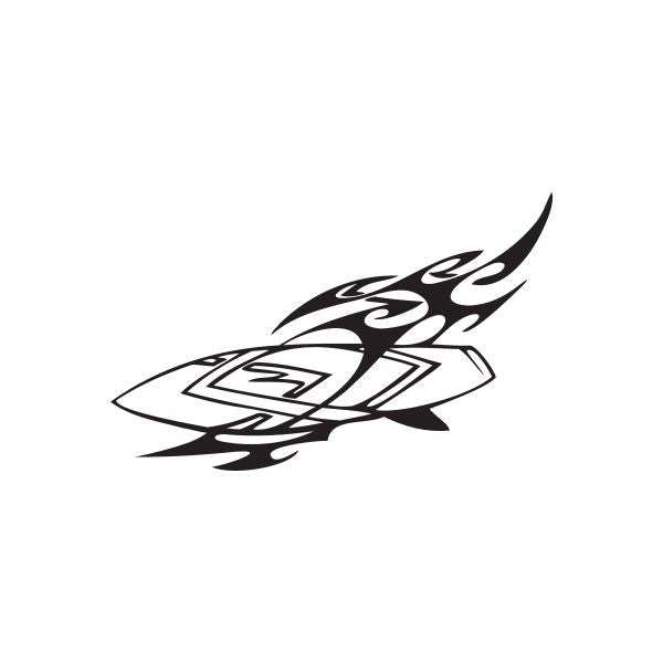 Black tribal surfboard wall decal with flame-like surf graphic