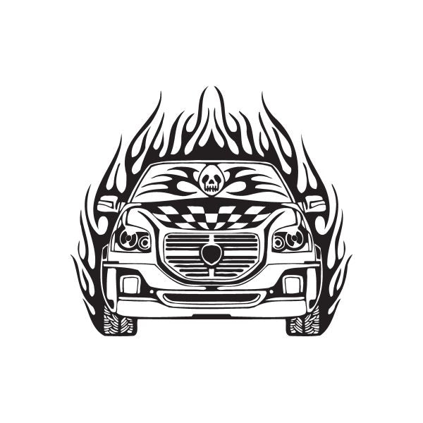 SUV front end flames decal with stylized car face and flame graphics