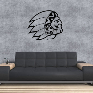 Native American head profile decal with feather headdress, black and white