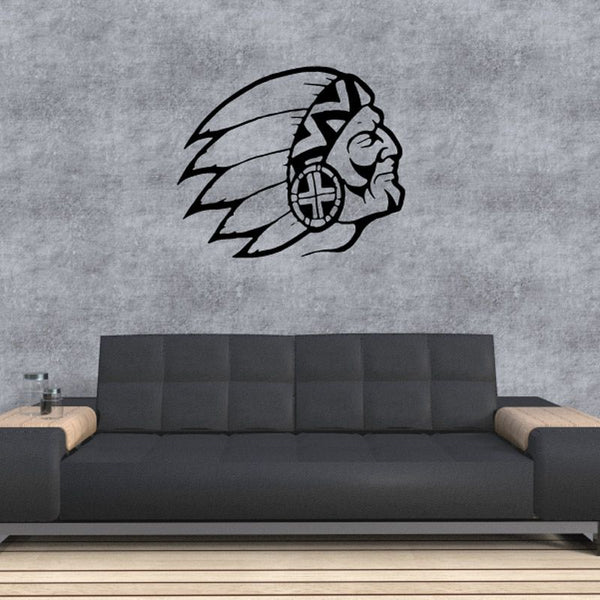 Native American head profile decal with feather headdress, black and white