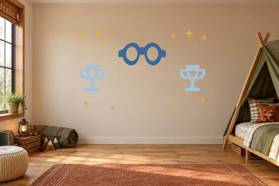 Swim team splash wall decal kit with blue goggles, trophies, stars, and splash shapes
