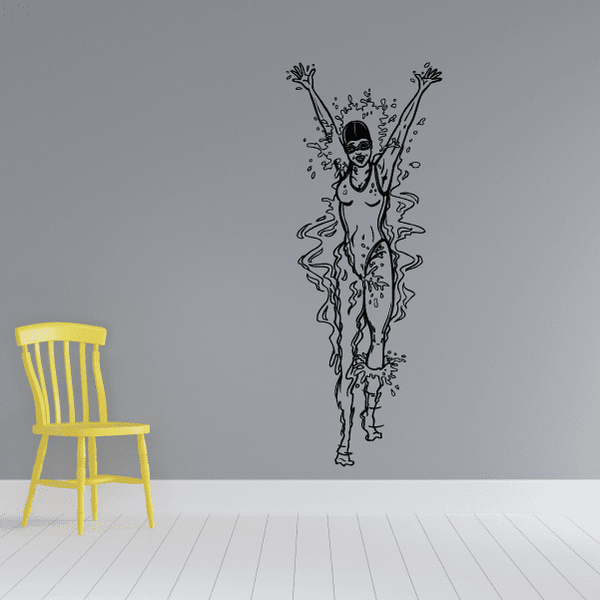 Vinyl swimming wall decal of black-outlined female swimmer with arms raised and water splashes