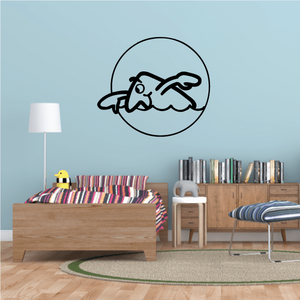 Swimming wall decal: round vinyl sticker with black swimmer silhouette