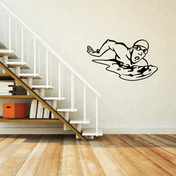 Vinyl wall decal of swimmer diving with water splash, black outline