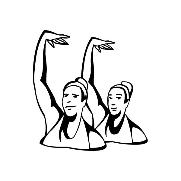 Swimming wall vinyl decal with two cartoon swimmers raising arms overhead